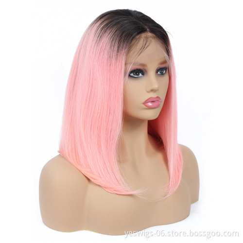 Yeswigs 1b-Pink Bob Silky Straight Unprocessed Virgin Human Hair Ombre Brazilian Cuticle Aligned Lace Frontal Human Hair Wig